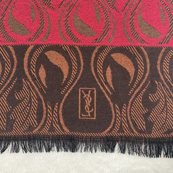 Vintage Yves Saint Laurent Wool Scarf YSL Logo Pink Brown Fringe Artsy Boho - Picture 2 of 9